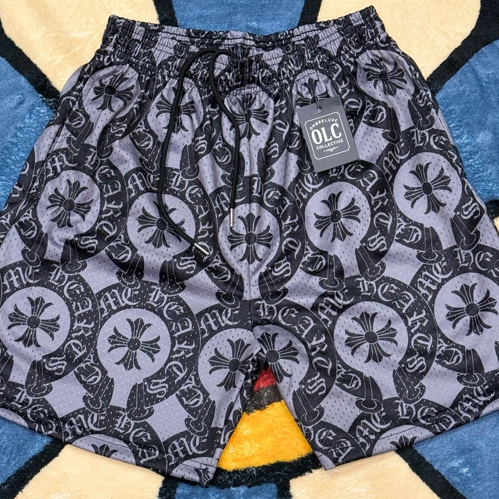 Gray Gothic Cross Mesh Shorts Streetwear Design Sizes S–2XL | New